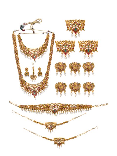 

Alankruthi Gold-Plated Pink & Green Stone-Studded Beaded Temple Bridal Jewellery Set