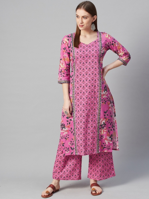 

ZIYAA Women Pink & Blue Printed A-Line Cotton Kurta