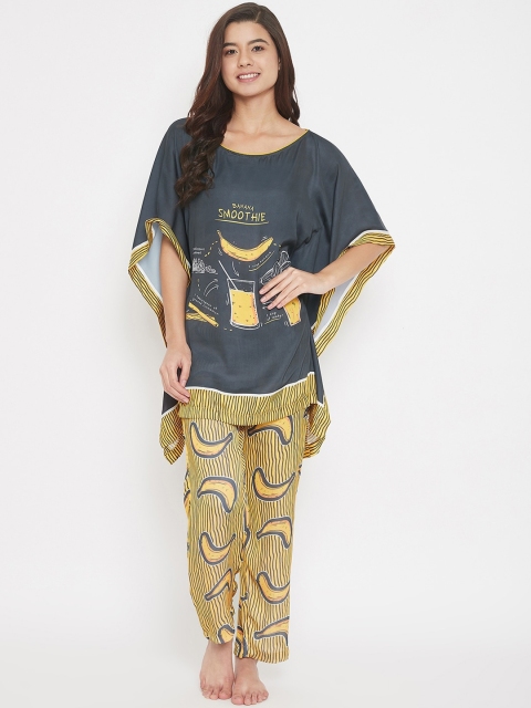 The Kaftan Company Women Grey & Yellow Printed Night Suit