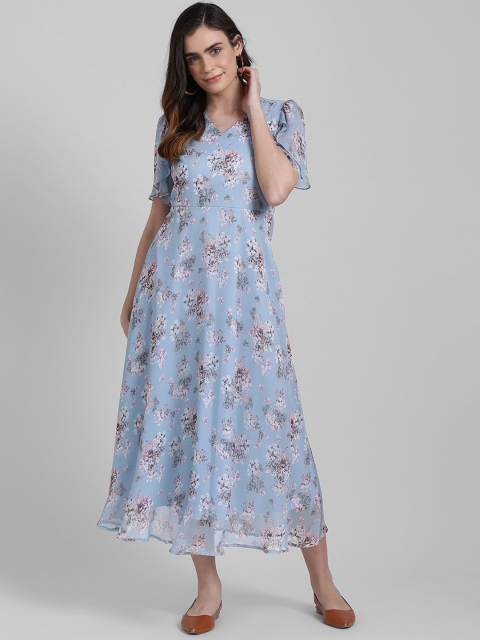 Zink London Women Blue Floral Printed Fit and Flare Dress