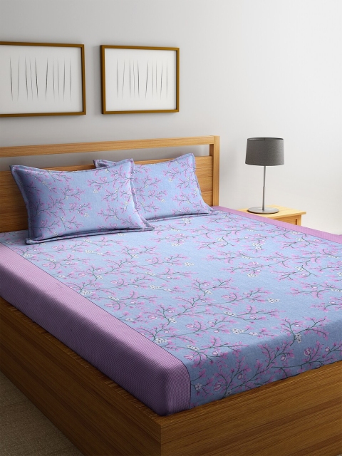 

Cortina Blue & Purple Floral Printed 144 TC Cotton Double King Bedsheet With 2 Pillow Covers
