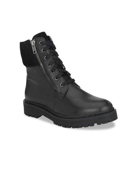 

Delize Women Black Solid Leather High-Top Flat Boots