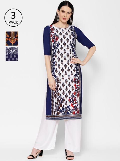 

7Threads Women Set of 3 Printed Straight Kurta, Navy blue