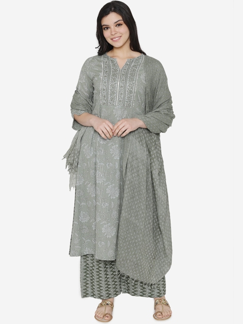 

TARA-C-TARA Women Green Printed Kurta with Cotton Palazzos & Dupatta