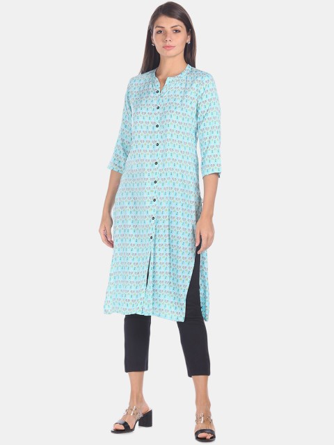 

Karigari Women Blue Printed Straight Kurta