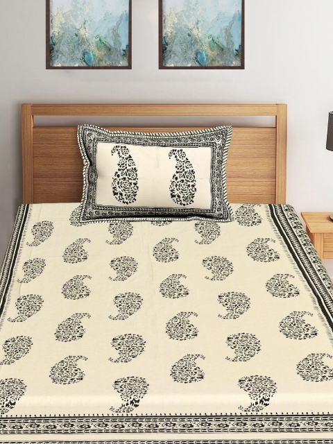 

Tistabene Off-White & Black Ethnic Motifs 180 TC Cotton Single Bedsheet With Pillow Cover