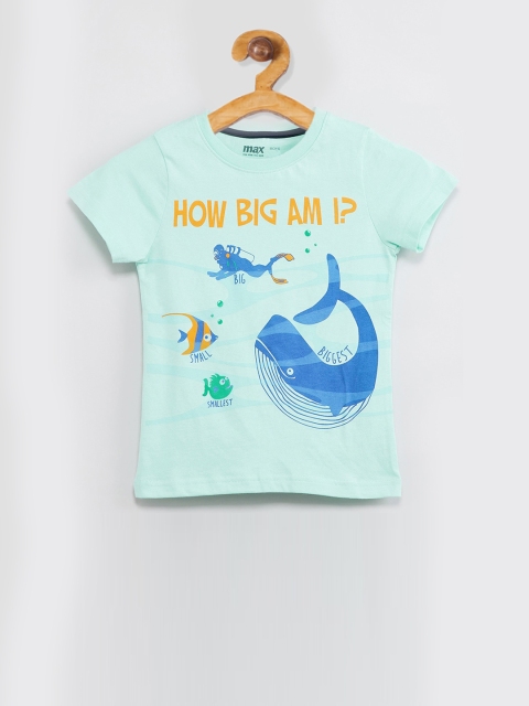 

max Boys Green Printed Round Neck Cotton T-shirt