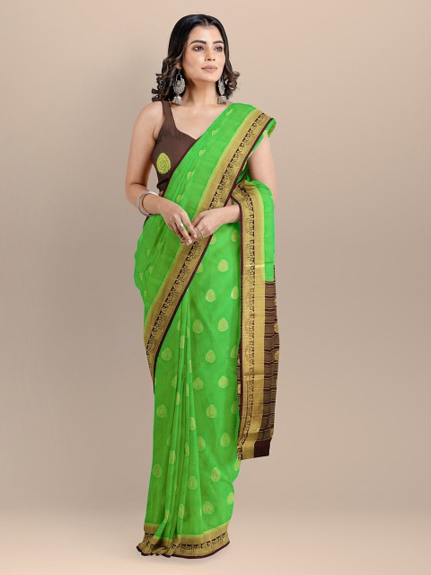 BharatSthali Green Silk Cotton Woven Design Handloom Banarasi Sustainable Saree
