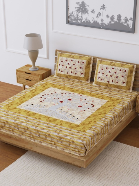 

LIVING ROOTS Yellow & Brown Jaipuri Rajasthani Floral Print 210 TC 100% Cotton Double King Bedsheet with 2 Pillow Covers