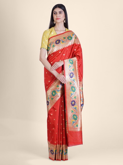 

Hastakala Red & Gold-Toned Silk Blend Woven Design Handloom Saree