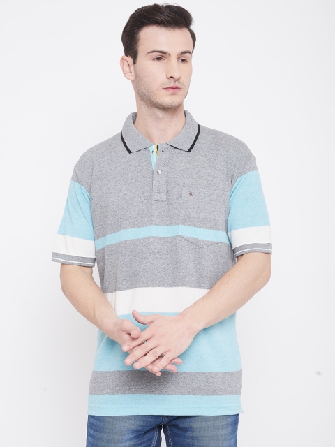 

Duke Men Grey Striped Polo Collar T-shirt