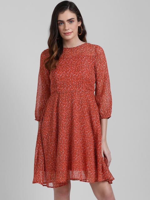 

Zink London Women Peach-Coloured Printed Fit and Flare Dress