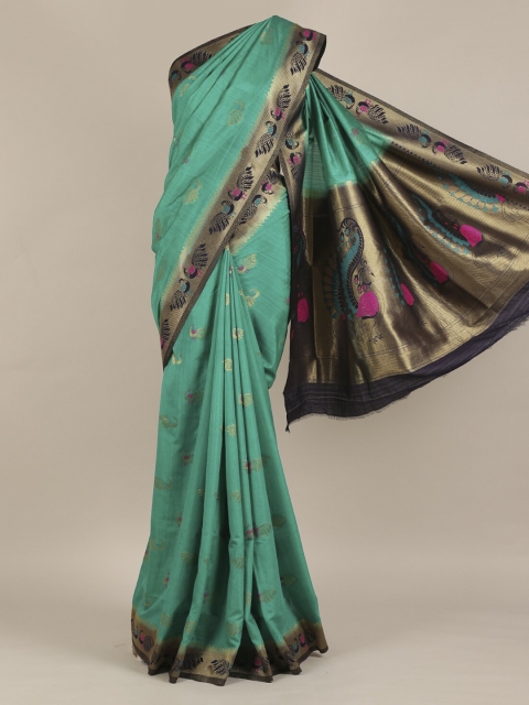 

Pothys Green & Gold-Toned Jute Silk Woven Design Saree
