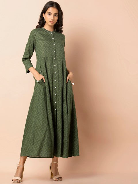 

INDYA Women Green & Black Block Print Kalidar Maxi Length Tunic