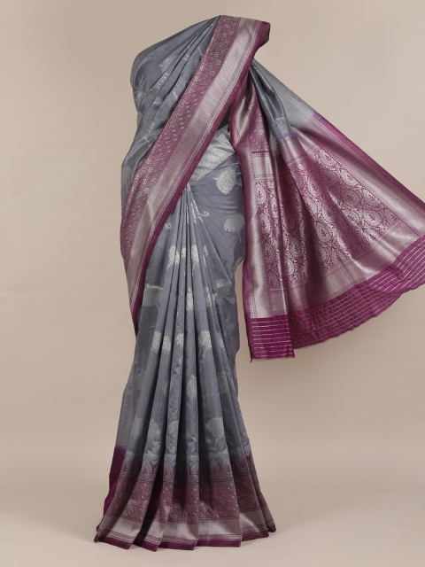 

Pothys Grey & Maroon Jute Silk Colourblocked Saree