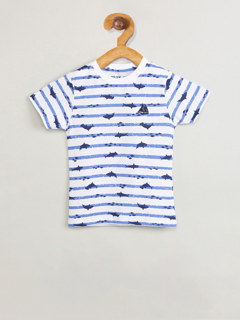 

max Boys White Striped Round Neck Cotton T-shirt