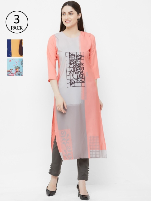 

7Threads Women Multicoloured Set of 3 Printed Straight Kurta, Multi