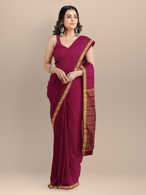 

BharatSthali Maroon Silk Cotton Solid Handloom Banarasi Saree