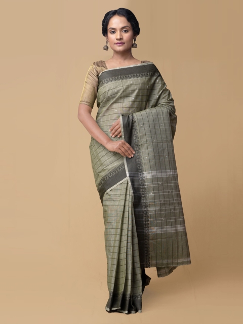 

Unnati Silks Green & White Pure Cotton Checked Kanjeevaram Saree
