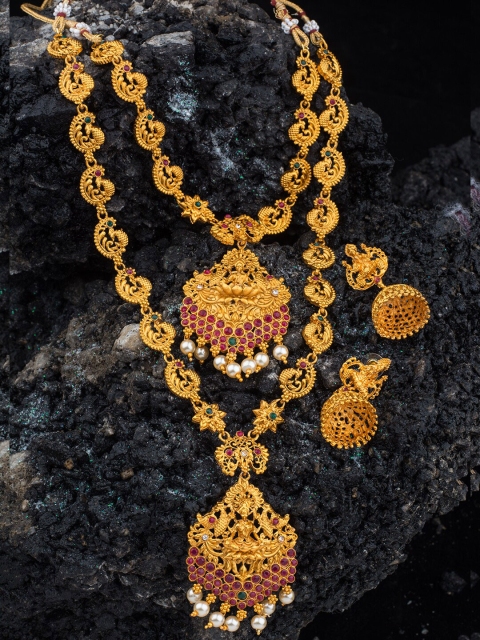 

Alankruthi Gold-Plated Pink & Green Stone Studded & Beaded Temple Jewellery Set