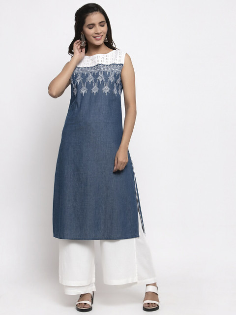 

Kiaasa Women Blue & White Yoke Design A-Line Kurta