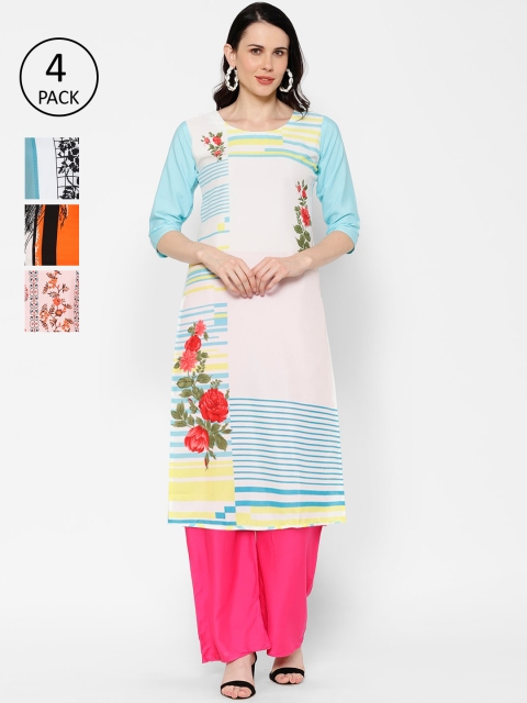 

7Threads Women Pack Of 4 Printed Straight Kurtas, Blue