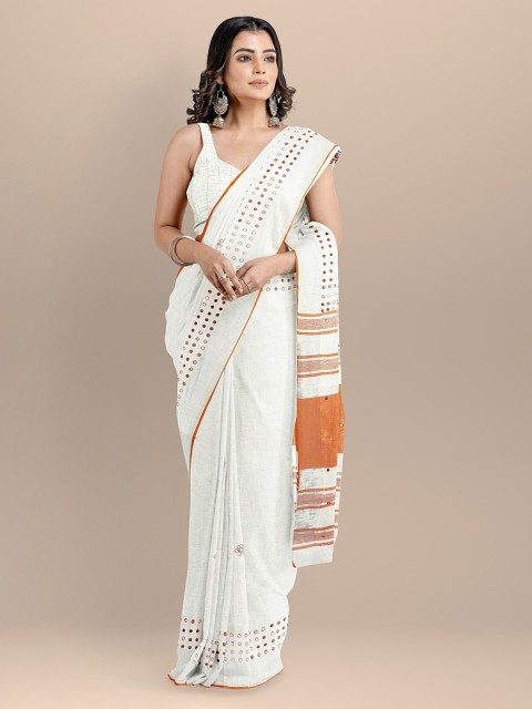 

BharatSthali White & Orange Pure Linen Embroidered Jamdani Handloom Saree