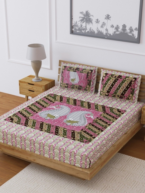 

LIVING ROOTS Pink & White Jaipuri Rajasthani Floral-Printed 210 TC Double Bedsheet with 2 Pillow Covers