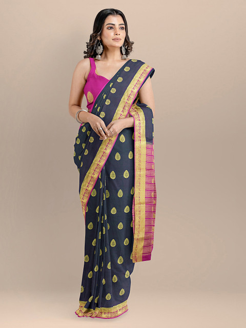 

BharatSthali Navy Blue & Yellow Silk Cotton Woven Design Banarasi Sustainable Saree