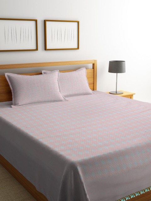 

NEUDIS Taupe & Teal Blue Woven-Design Double Bed Cover With 2 Pillow Covers