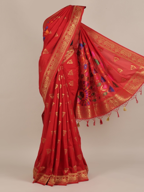 

Pothys Red & Gold-Toned Jute Silk Woven Design Saree