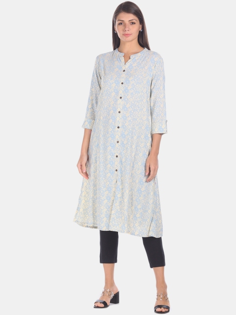 

Karigari Women Blue & Yellow Printed A-Line Kurta