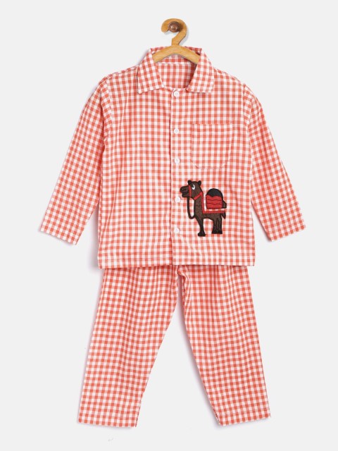 

Kids Clan Unisex Kids Orange & White Checked Night Suit