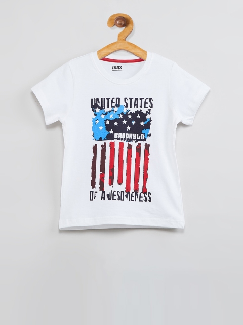 

max Boys White Printed Round Neck Cotton T-shirt