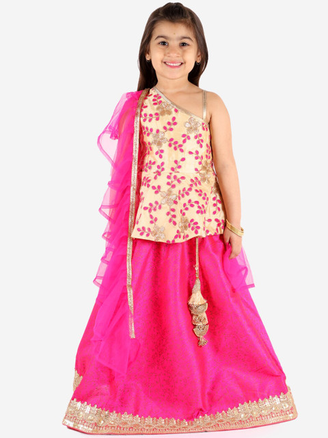 

KID1 Girls Pink & Cream-Coloured Embellished Ready to Wear Lehenga & Blouse with Dupatta
