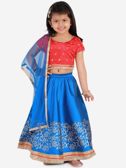 

KID1 Girls Red & Blue Embellished Ready to Wear Lehenga Choli With Dupatta