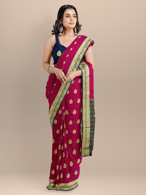 

BharatSthali Maroon & Gold-Toned Silk Cotton Woven Design Banarasi Handloom Saree