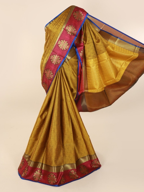 

Pothys Mustard Brown & Pink Cotton Blend Printed Saree