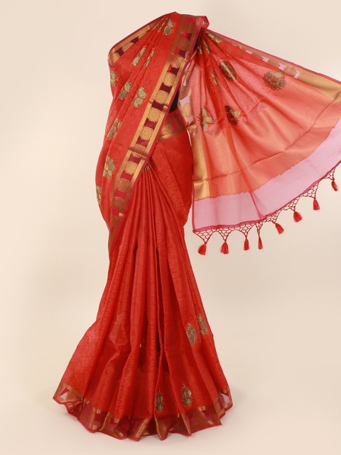 

Pothys Red & Gold-Toned Cotton Blend Embroidered Saree