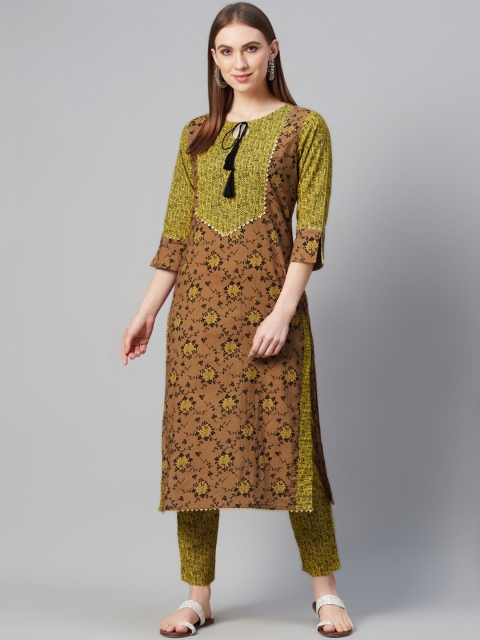 

ZIYAA Women Brown & Green Screen Print Straight Kurta