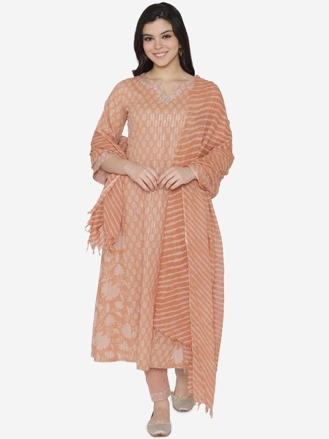 

TARA-C-TARA Women Peach-Coloured Printed Cotton Kurta with Trousers & Dupatta