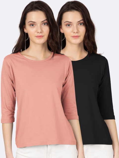 

Bewakoof Women Pack Of 2 Solid Boat Neck T-shirts, Black