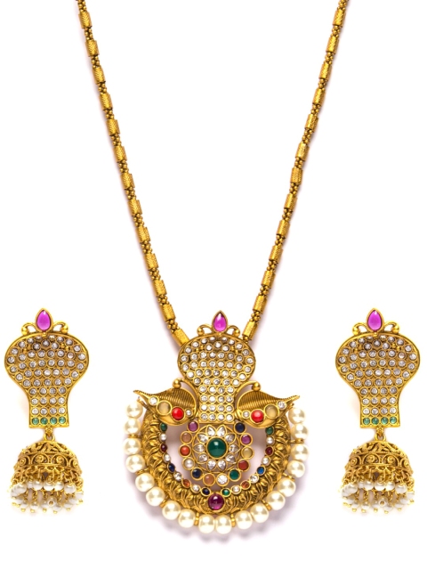

Alankruthi Gold-Plated Stone Studded Shell Chain Pendant With Earrings