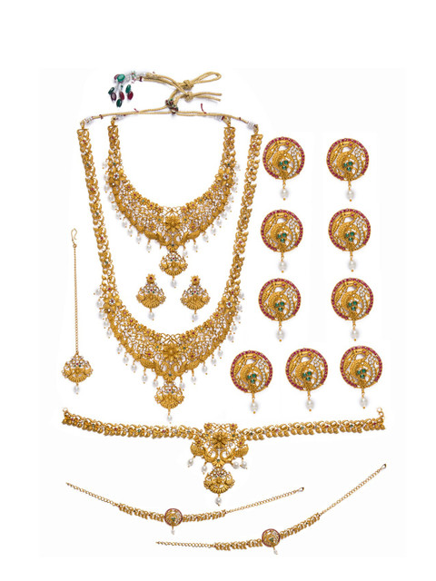 

Alankruthi Gold-Plated White & Green Stone-Studded Beaded Temple Bridal Jewellery Set