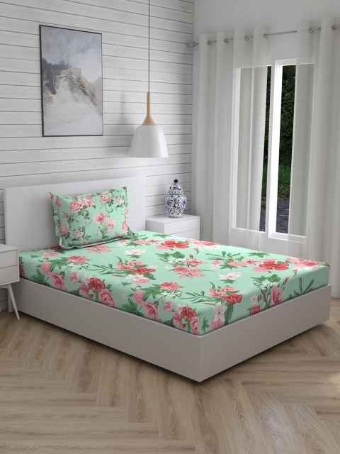 Layers Green & Pink Floral 104 TC 100% Cotton Single Bedsheet with One Pillow Covers