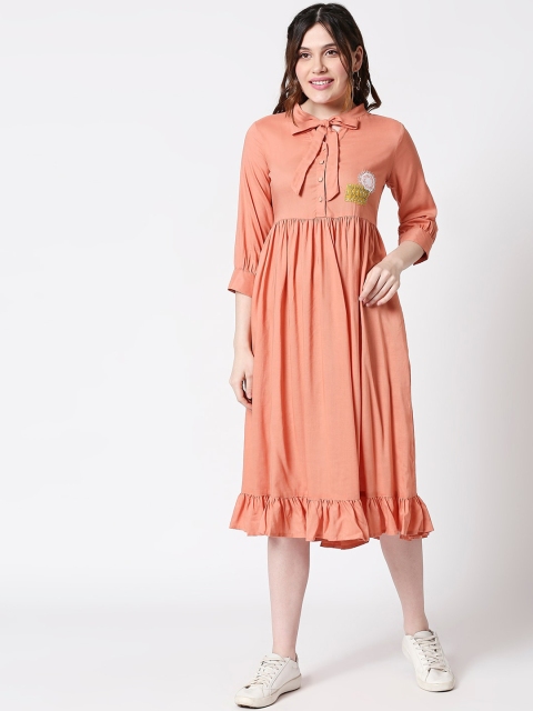 

TERQUOIS Women Peach-Coloured Solid Fit and Flare Dress