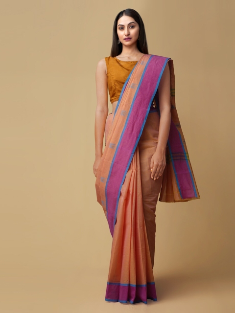

Unnati Silks Orange & Pink Pure Cotton Solid Pavni Saree
