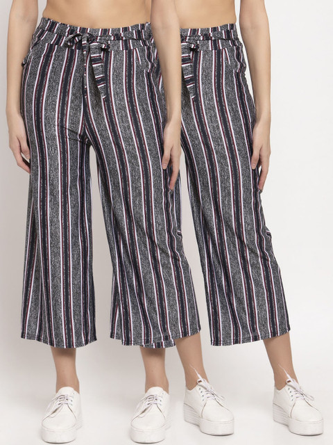 

KLOTTHE Women Pack of 2 Grey & Black Striped Wide-Leg Palazzo