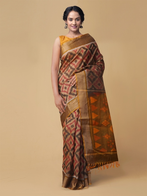 

Unnati Silks Brown Silk Blend Woven Design Handloom Pochampally Saree