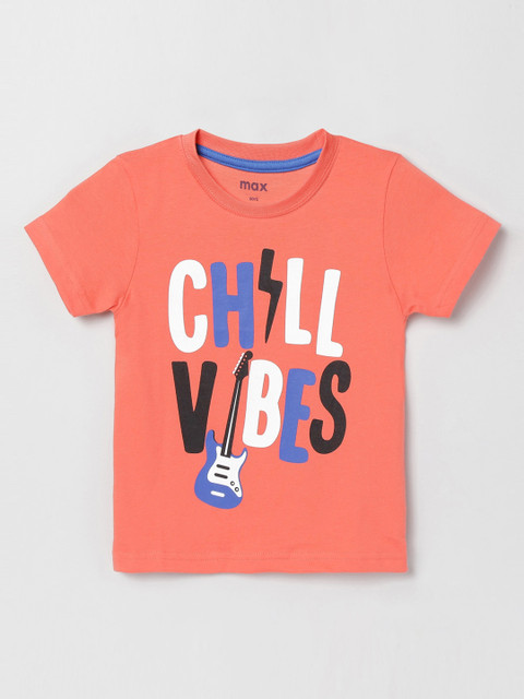 

max Boys Peach-Coloured Printed Round Neck T-shirt